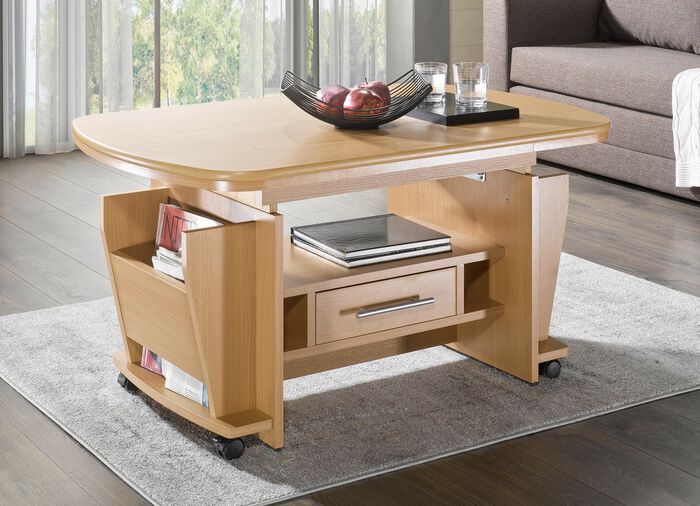 Salontafel, tevens in hoogte verstelbaar en uitschuifbaar BEUK