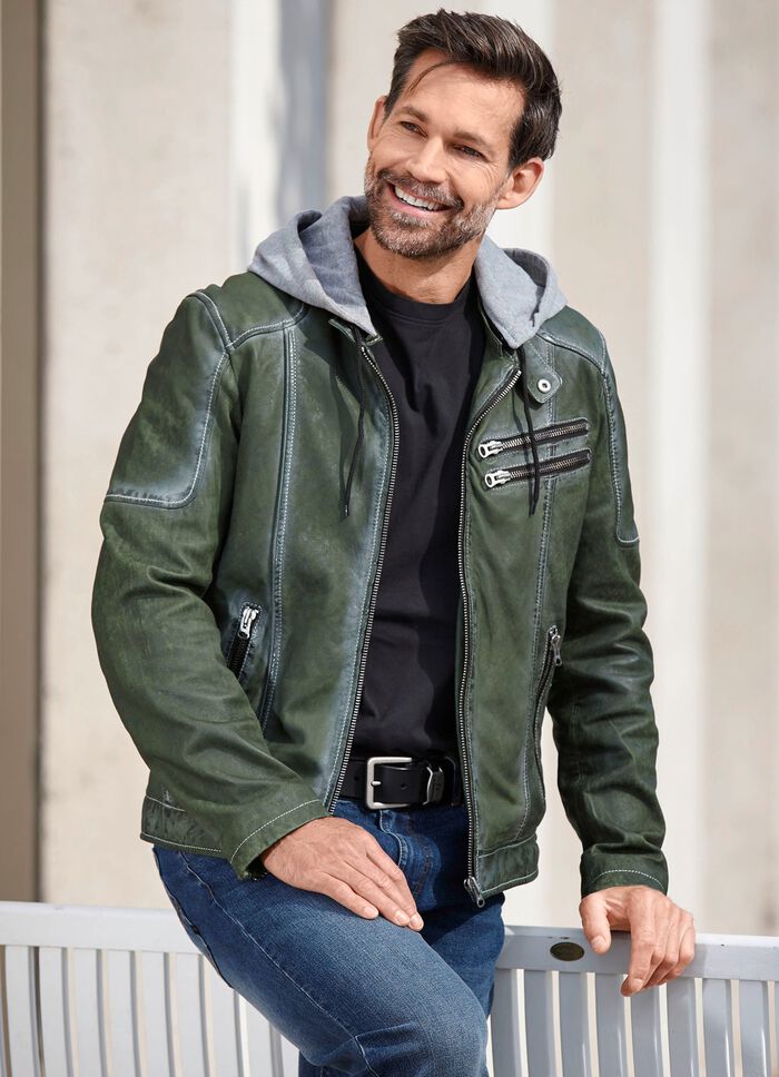 Leren kort jasje met capuchon 