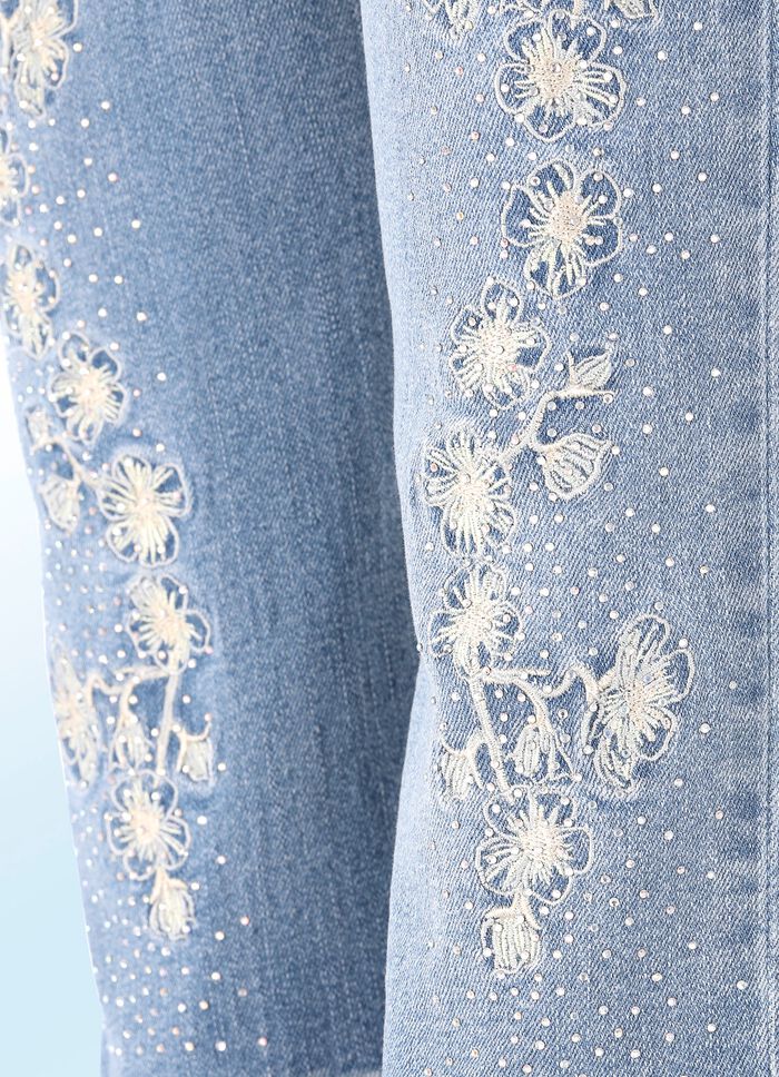 Elegante jeans met borduurapplicaties en strass steentjes 