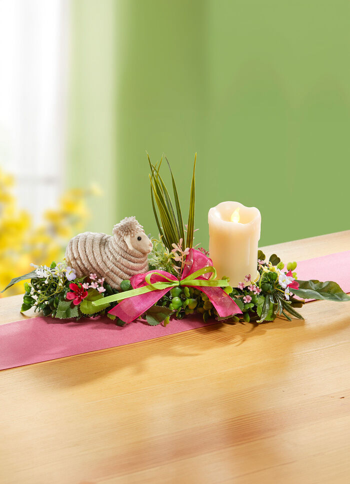 Tafelbloemstuk met echte waskaarsen met LED 