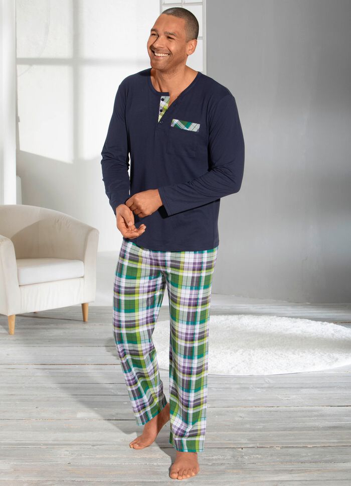 Pyjama met knoopsluiting, opgezet borstzakje en ruitjesdessin 