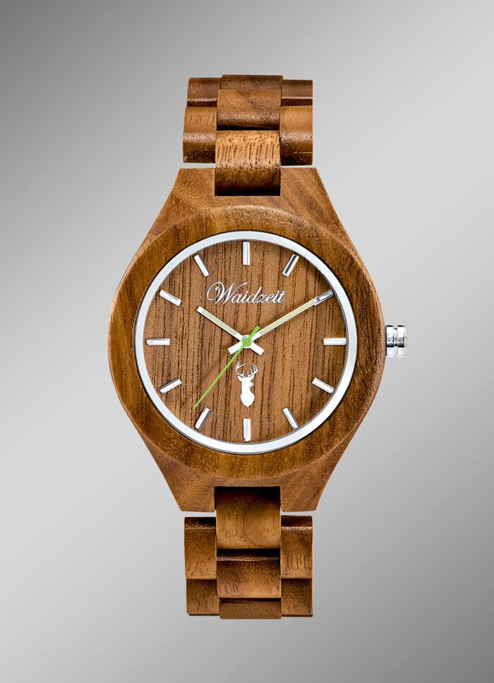 Waidzeit-herenhorloge, volledig vervaardigd van natuurlijk walnotenhout 