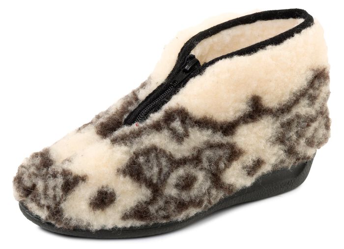 Warme damespantoffels met rits ECRU-BRUIN