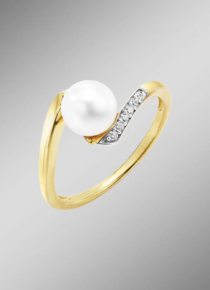 Damesring met zoetwaterparel en synthetische zirkonia 