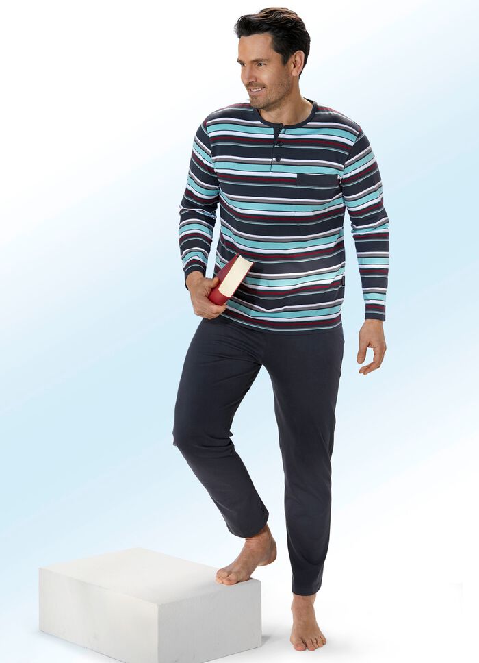 Set van twee pyjama's met knoopsluiting en garengeverfd gestreept dessin 