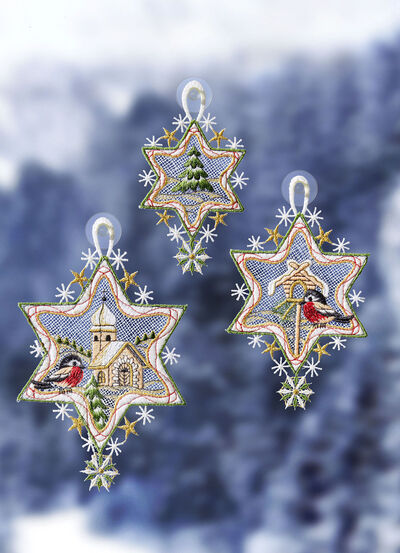 Raamfoto sterren, set van 3, gemaakt van Plauen kant 