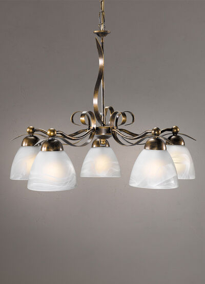 Elegante hanglamp, 5 lampjes gemaakt van ijzer en glas 
