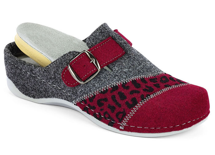 Mubb, klassieke damespantoffels, breedte H, met uitneembaar voetbed GRANAATROOD-ANTRACIET