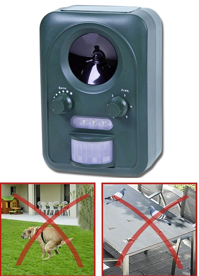 Universeel dierenafschrikmiddel op zonne-energie met echografie en flitslicht 