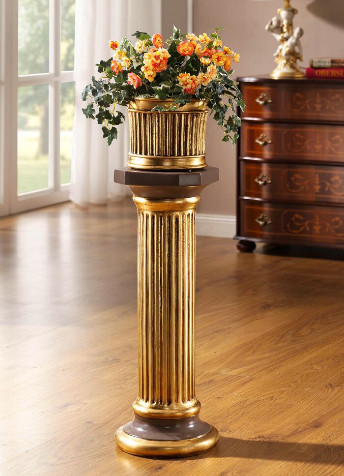 Handgemaakte en handbeschilderde zuil met plantenbak BRUIN-GOUD