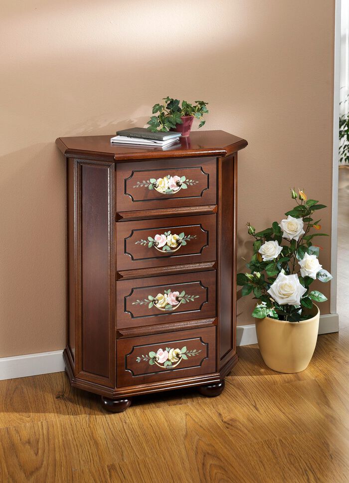 Stijlvolle ladekast met handgeschilderde bloemendecoratie NOTENBOOM