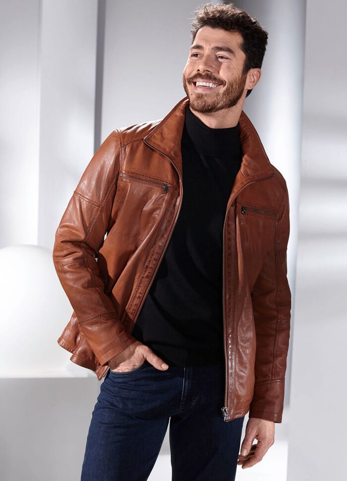 Kort leren jasje met opstaande kraag ANTIEK COGNAC