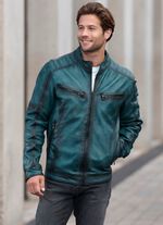 Kort leren jack met decoratieve stiksels 