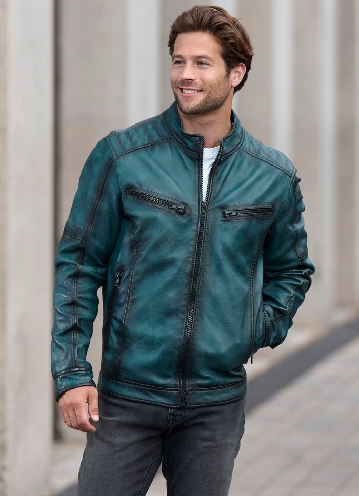 Kort leren jack met decoratieve stiksels 