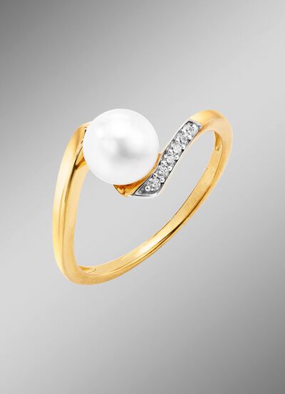 Damesring met zoetwaterparel en synthetische zirkonia 
