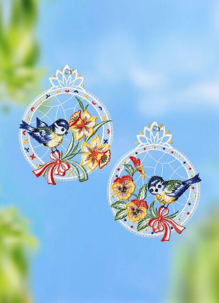 Raamdecoratie van kantwerk uit Plauen, set van 2 