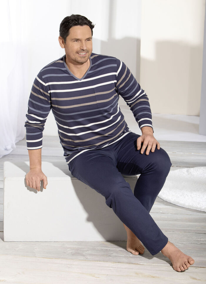 Pyjama met V-hals en garengeverfd gestreept dessin 