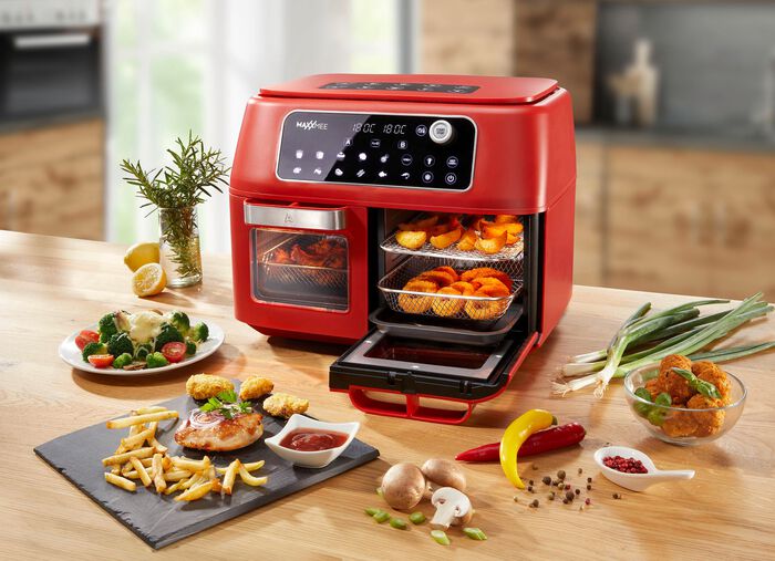 Frituurpan met dubbele kamer: 2 gerechten - tegelijkertijd klaar! ROOD