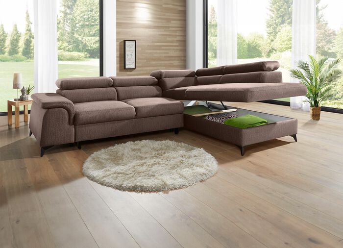 Gestoffeerde hoekeenheid met bedfunctie en verstelbare hoofdsteunen 