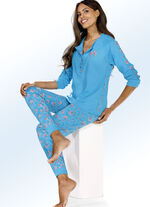 Pyjama van biologisch katoen met zij-inzetstukken met patroon AZUURBLAUW-MEERKLEURIG