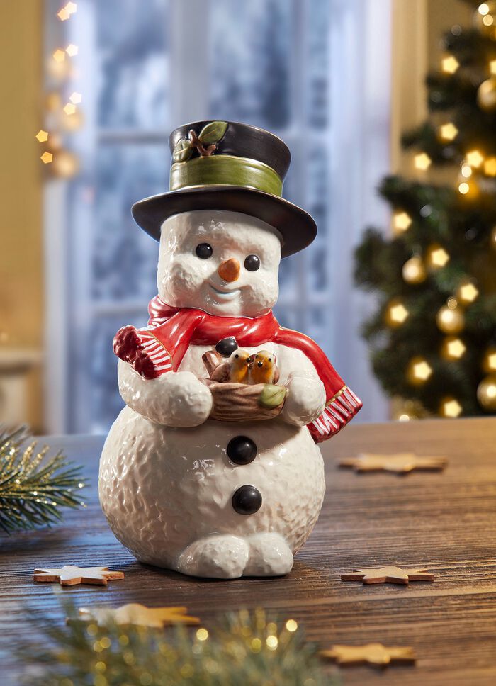 Sneeuwpop met de hand gemaakt en beschilderd van fijn steengoed 