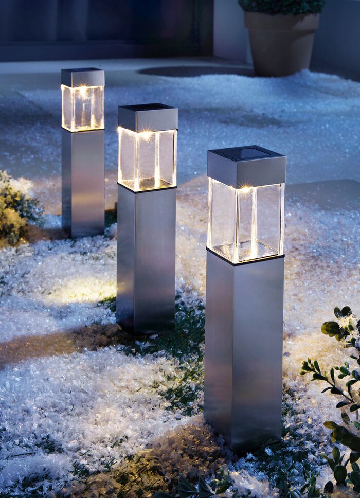 Grundig lampen op zonne-energie, set van 3, in roestvrijstalen look 