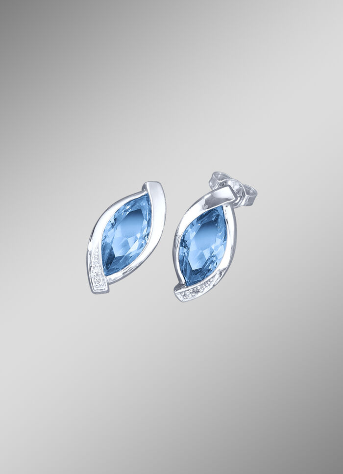 Oorbellen met synth. zirkonia in wit en aquamarijnblauw 