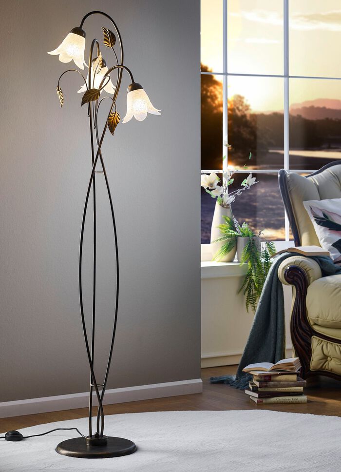 Metalen staande lamp met glazen kappen ZWART-GOUD