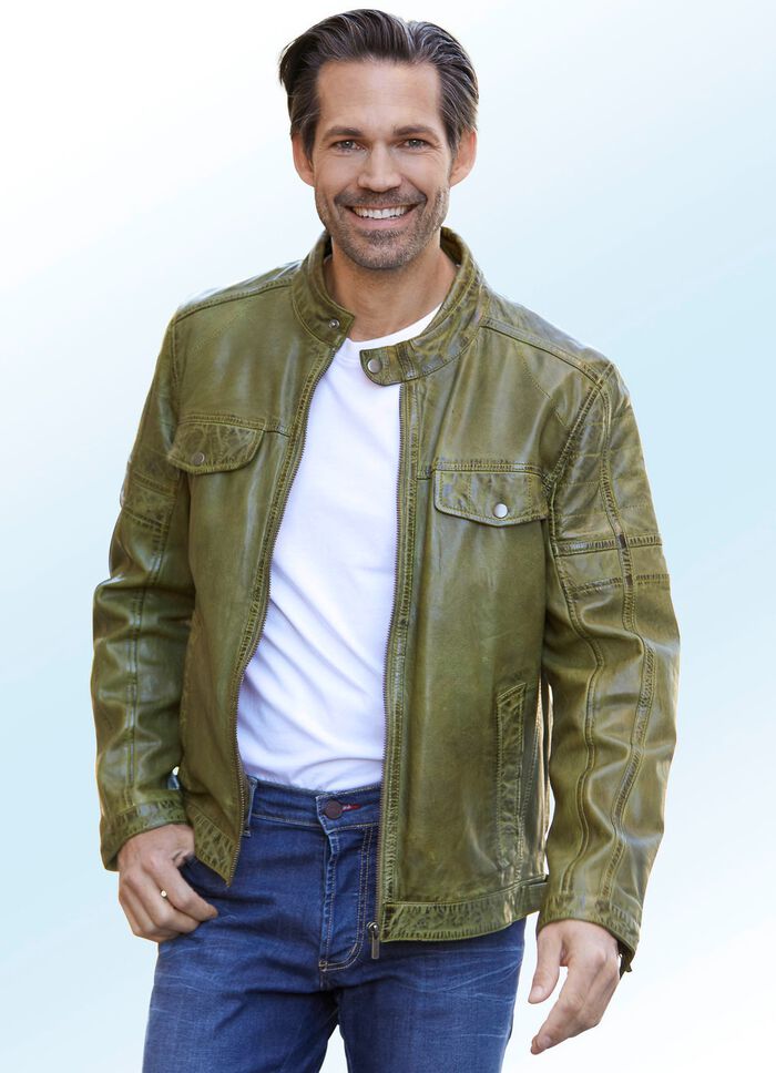 Korte leren jas met sierstiksel 