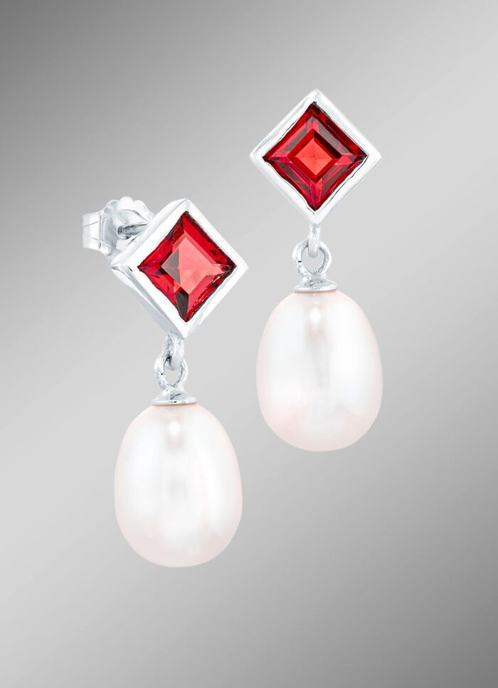 Elegante oorbellen met echte granaat en zoetwaterparels 