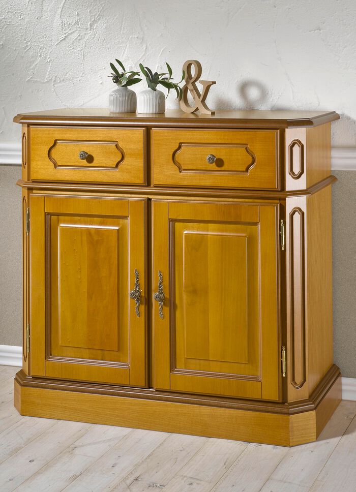 Deels massieve ladekast, 2 deuren, met metalen handgrepen 