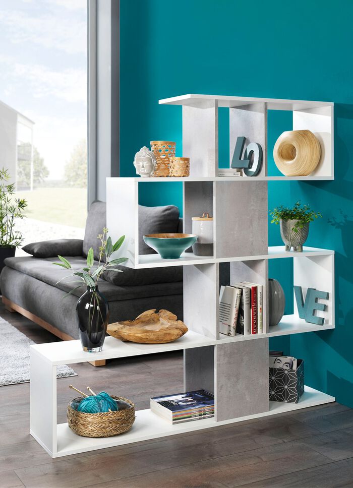 Innovatieve staande plank met grote vakken en 5 niveaus WIT-BETON