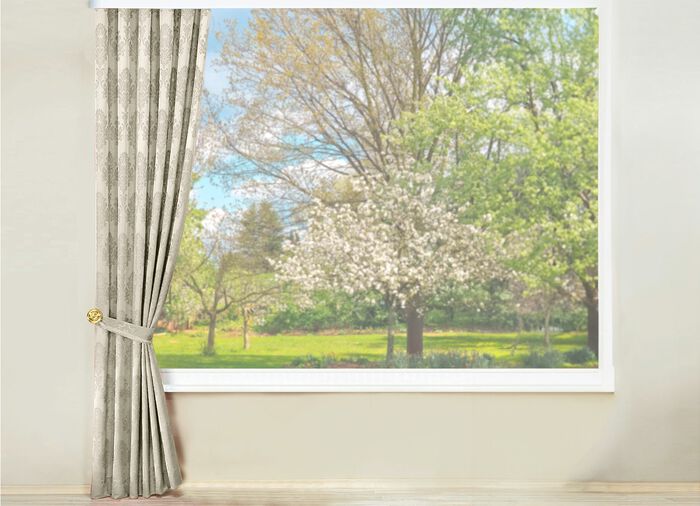 Jacquard bovengordijn met universele railtape 