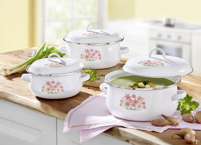 Emaille pannenset set bestaande uit 3 kookpotten 