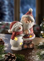 Verlichte keramiek Kerstman en sneeuwpop 