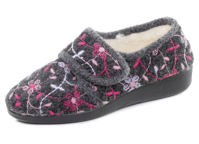 Gevoerde damespantoffels met klittenbandsluiting ANTRACIET