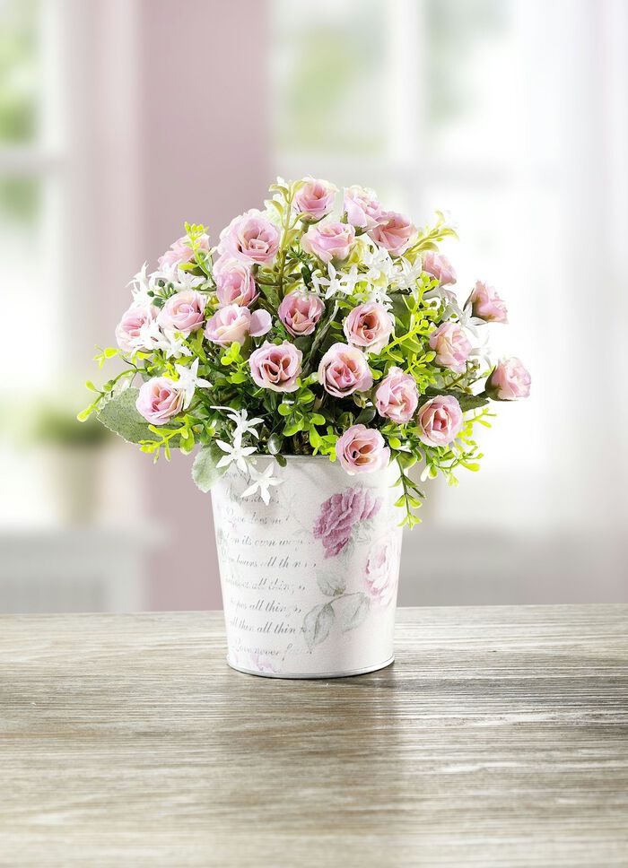 Bloemstuk met miniroosjes in metalen pot 