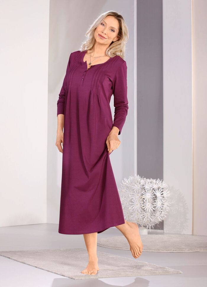 Nachthemd, lange mouw met bies en knoopsluiting 