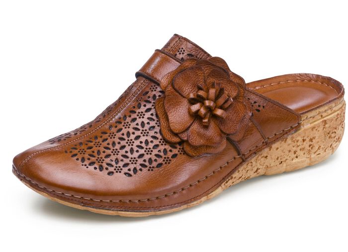 Gemini klompje met prachtige leren bloem COGNAC