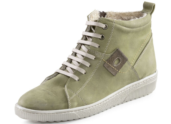 ELENA EDEN veterlaarsje van nubuckleer, met leren applicatie PISTACHE