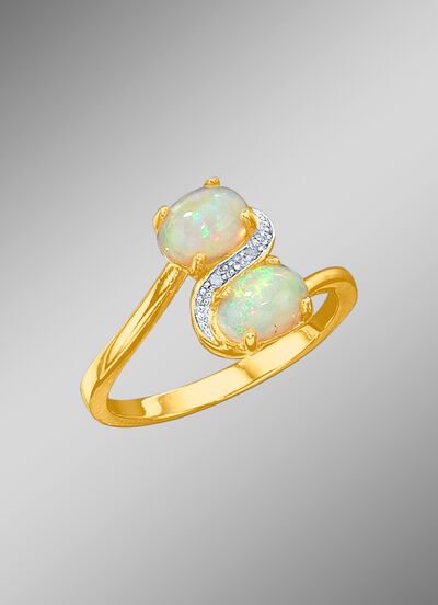 Damesring met echte opalen en diamanten 