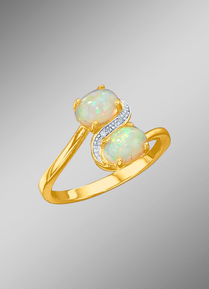Damesring met echte opalen en diamanten 