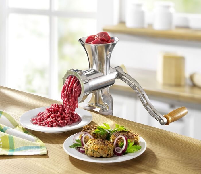 Aluminium vleesmolen met koekjesopzetstuk 