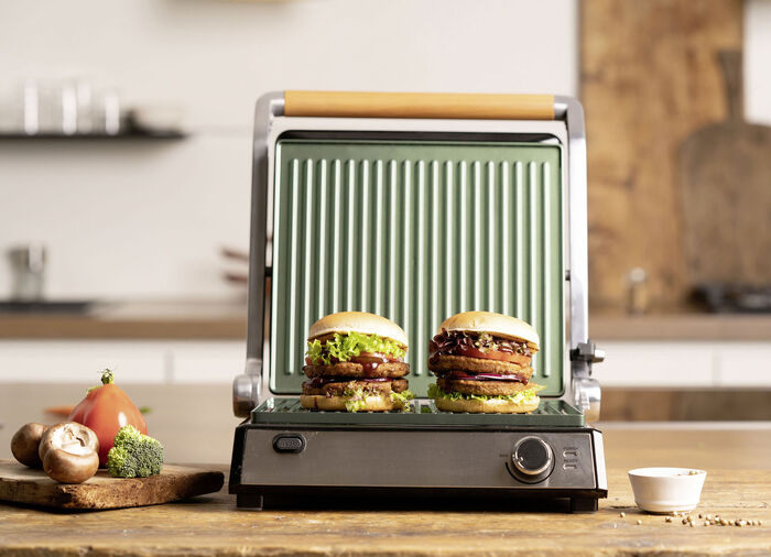 Contactgrill met innovatieve, plantaardige Ceravegan keramische antiaanbaklaag 
