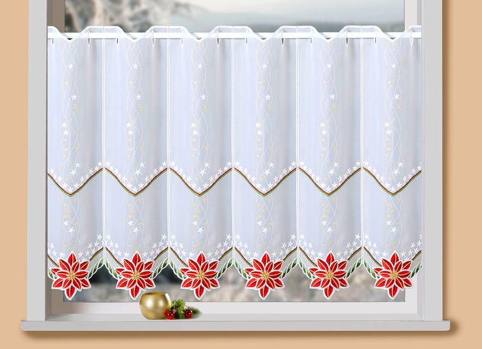 Korte venstervitrage met bloesem en kerstster 