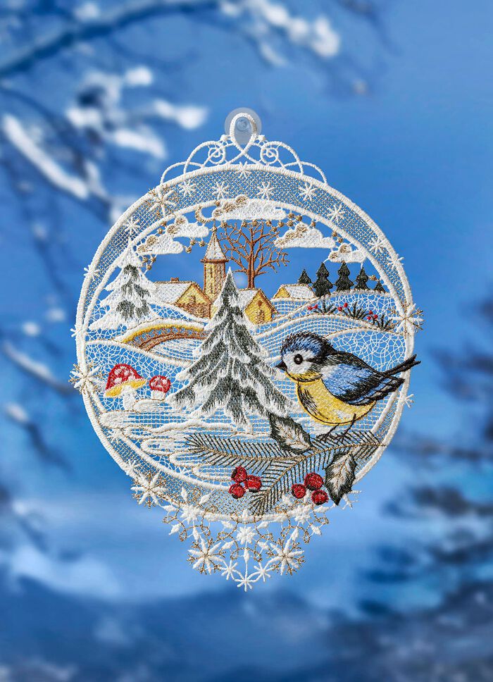 Raamschilderij Winterdorp van echt Plauen-kant 