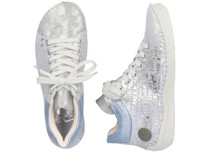 Rieker veterlaarsje van origineel bedrukt synthetisch materiaal ZILVER-GRIJS-BLAUW