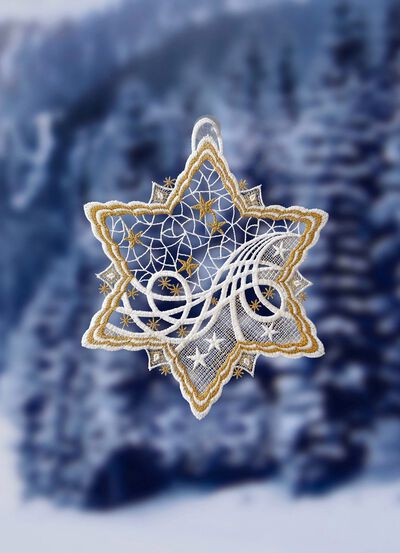 Stervormig raamschilderij van echt Plauen-kant 