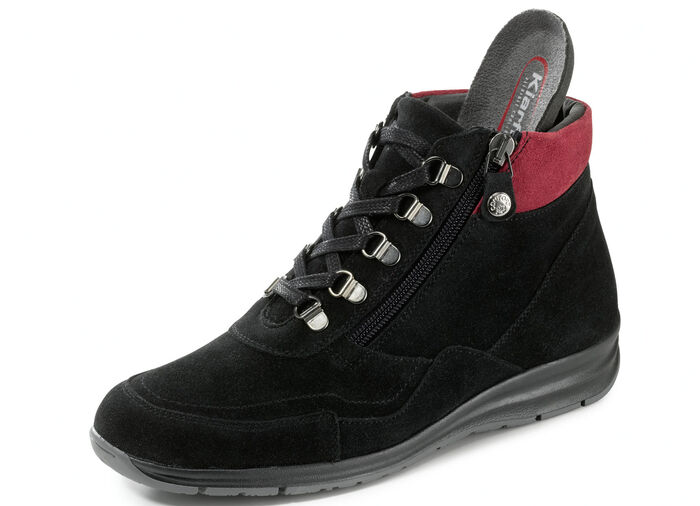 Veterlaarsje met praktische ritssluiting aan de zijkant ZWART-ROOD