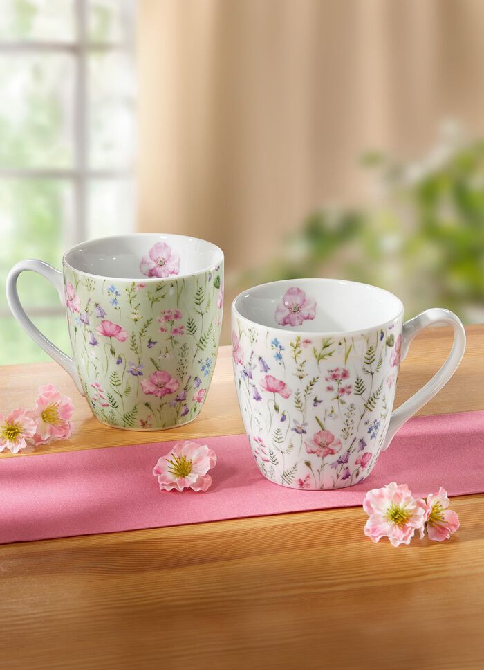Mokken met handvat en lentebloemig motief, set van 2 